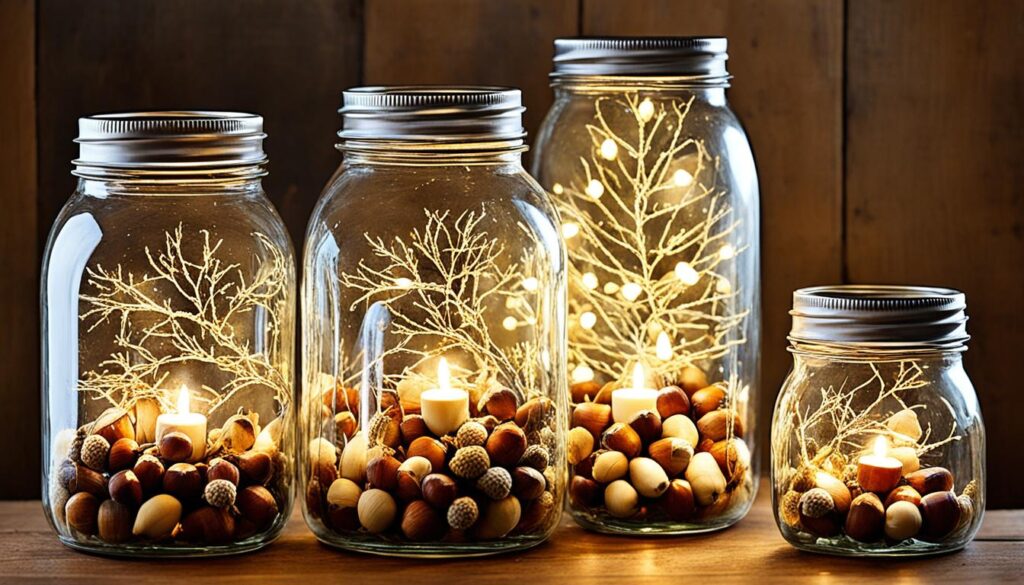 Mason jar lights filled with acorns and fairy light decor