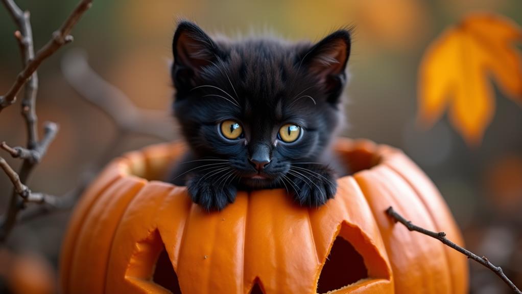 adorable kitten holds pumpkin