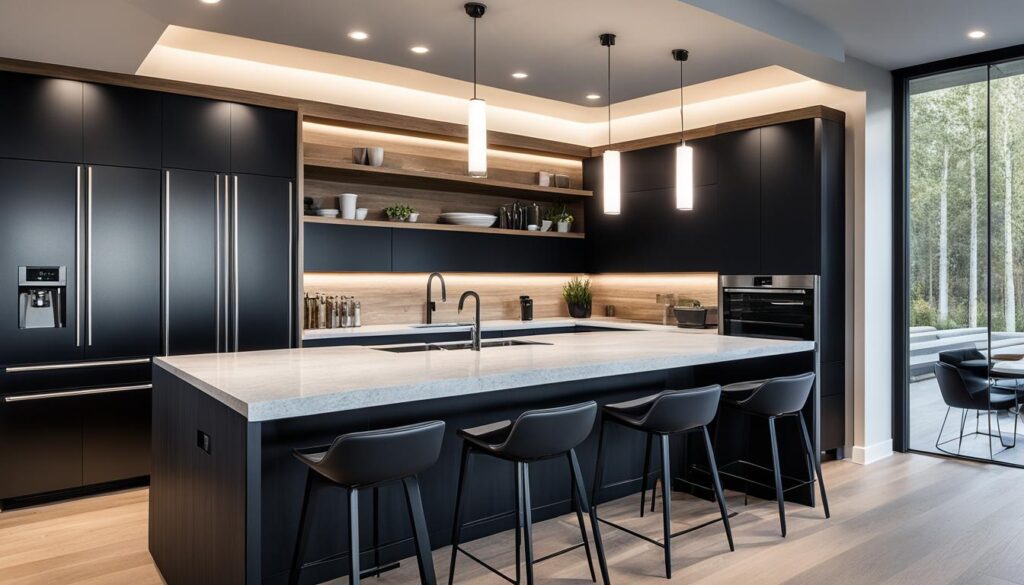 black cabinets white quartz countertops oak wood kitchen panels