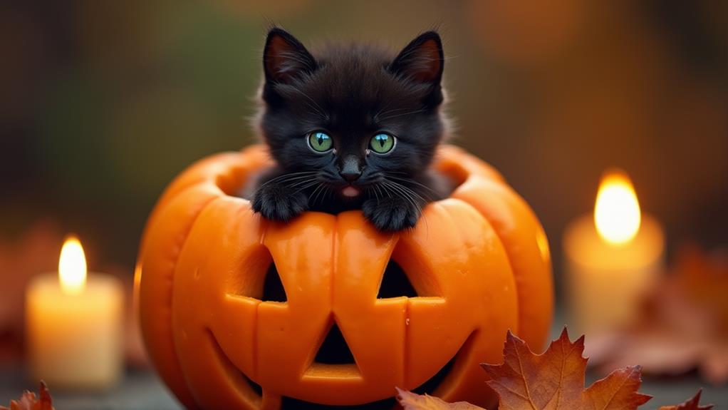 cat holds pumpkin tight