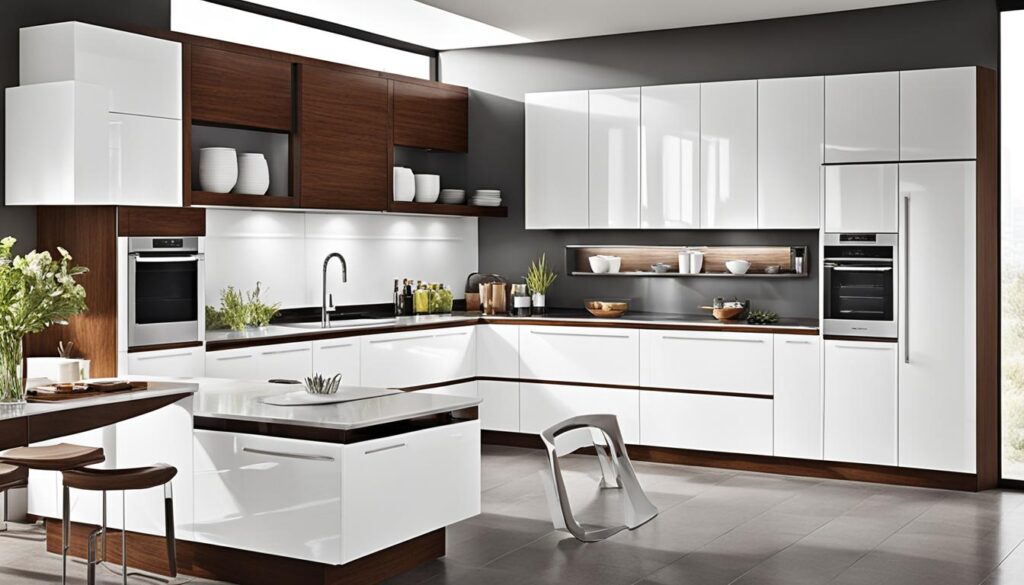 glossy white cabinets dark oak trim