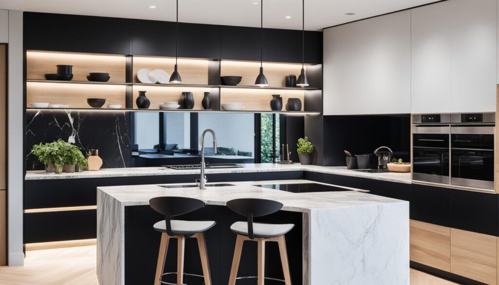 modern black cabinets white marble countertops light wood shelves