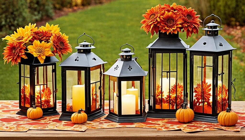 vintage lanterns filled with fall flowers