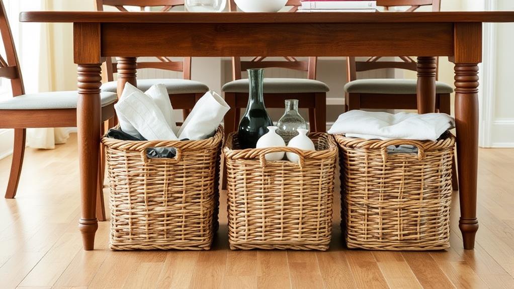 baskets stored under table