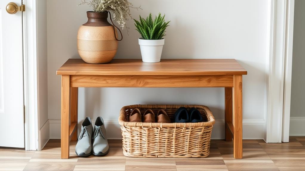 woven basket under bench